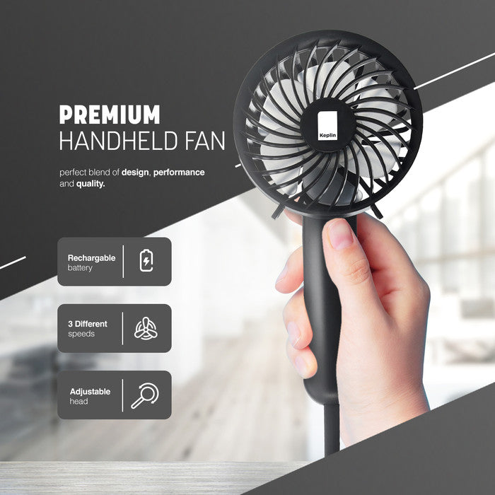 Keplin black handheld fan with rechargeable battery, 3 speed settings and adjustable head, held in hand