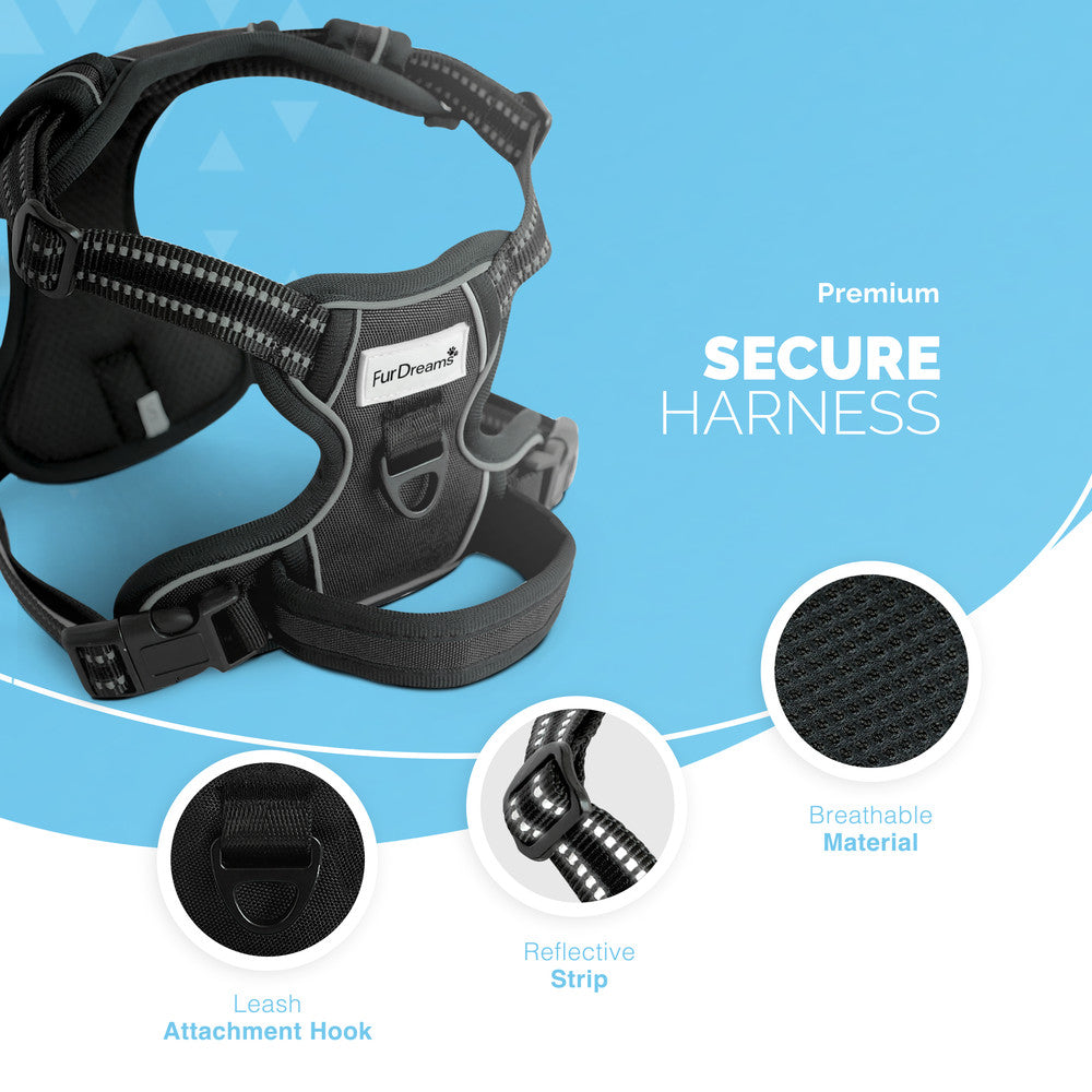FurDreams Secure Padded Dog Harness – Comfortable No-Choke Vest with Reflective Strips, Non-Restrictive Fit, 4 Adjustable Straps, and Easy Clip-On Design