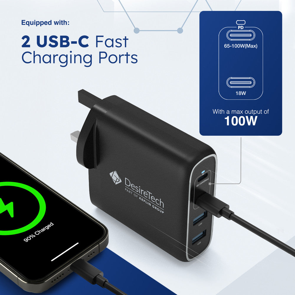 Desiretech 100W USB-C Charger with Cable & Pouch – Fast Charging 4-Port Adapter for MacBooks, iPhone 15, iPad, Samsung S Series, Google Pixel, Sony – image 4