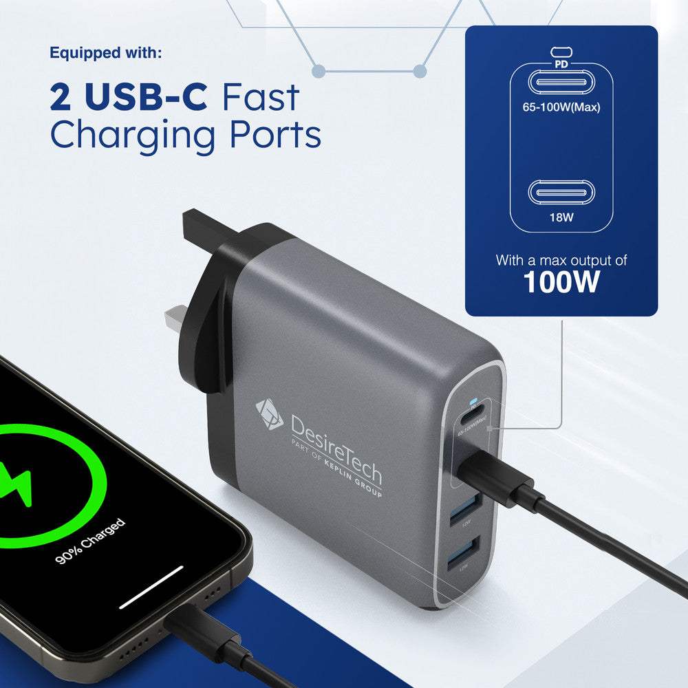 Desiretech 100W USB-C Charger with Cable & Pouch – Fast Charging 4-Port Adapter for MacBooks, iPhone 15, iPad, Samsung S Series, Google Pixel, Sony – image 14