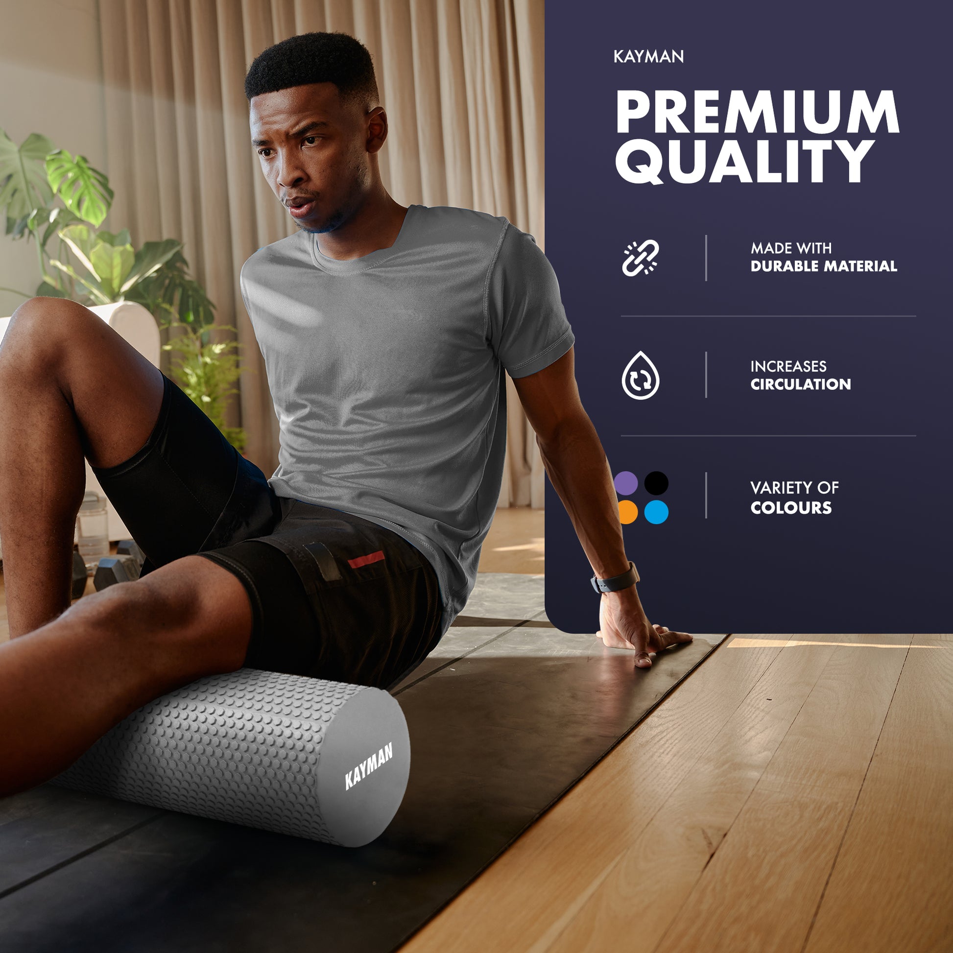 KAYMAN Sports Foam Roller – Deep Tissue Muscle Tension Relief & Circulation Boost | Portable & Lightweight Self Massager for Back, Legs, Gym, Pilates & Yoga | EVA Foam