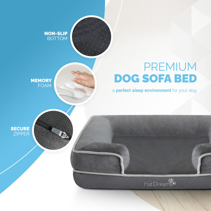 FurDreams Luxury Pet Sofa Bed – Extra Padded Orthopedic Memory Foam Mattress with Non-Slip Base, Removable Washable Flannel Cover – Plush Grey Design (70x57x17cm)