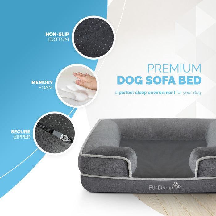 FurDreams Luxury Pet Sofa Bed – Extra Padded Orthopedic Memory Foam Mattress with Non-Slip Base, Removable Washable Flannel Cover – Plush Grey Design (70x57x17cm)