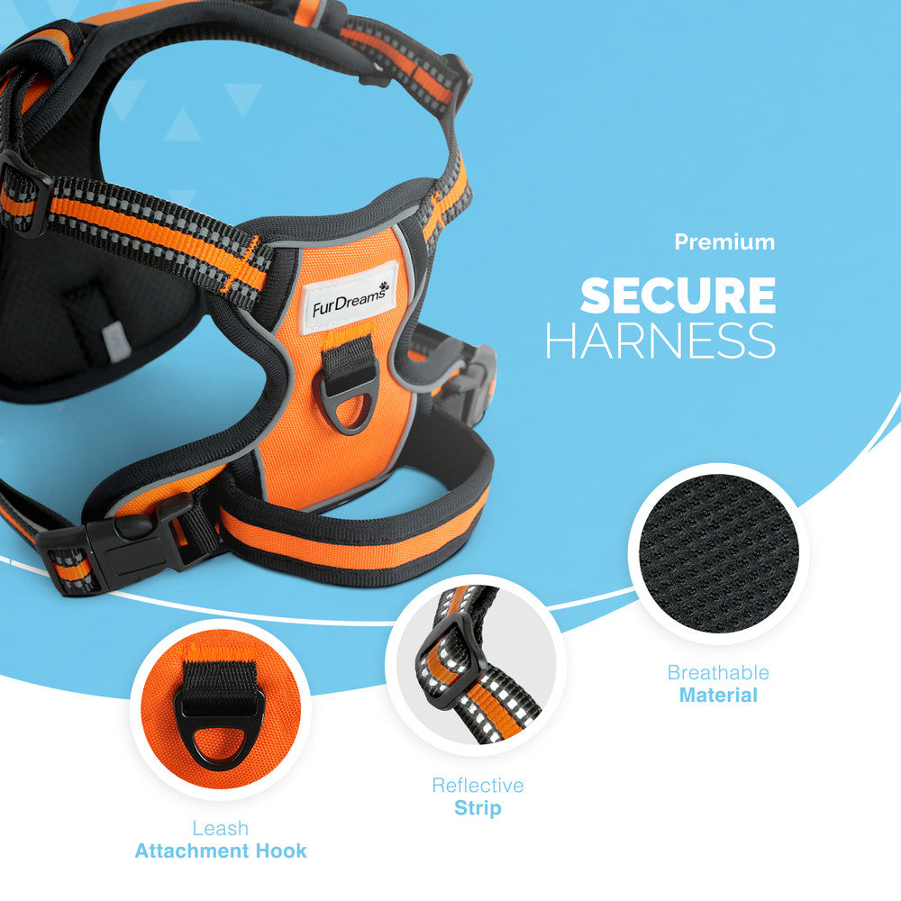 FurDreams Secure Padded Dog Harness – Comfortable No-Choke Vest with Reflective Strips, Non-Restrictive Fit, 4 Adjustable Straps, and Easy Clip-On Design