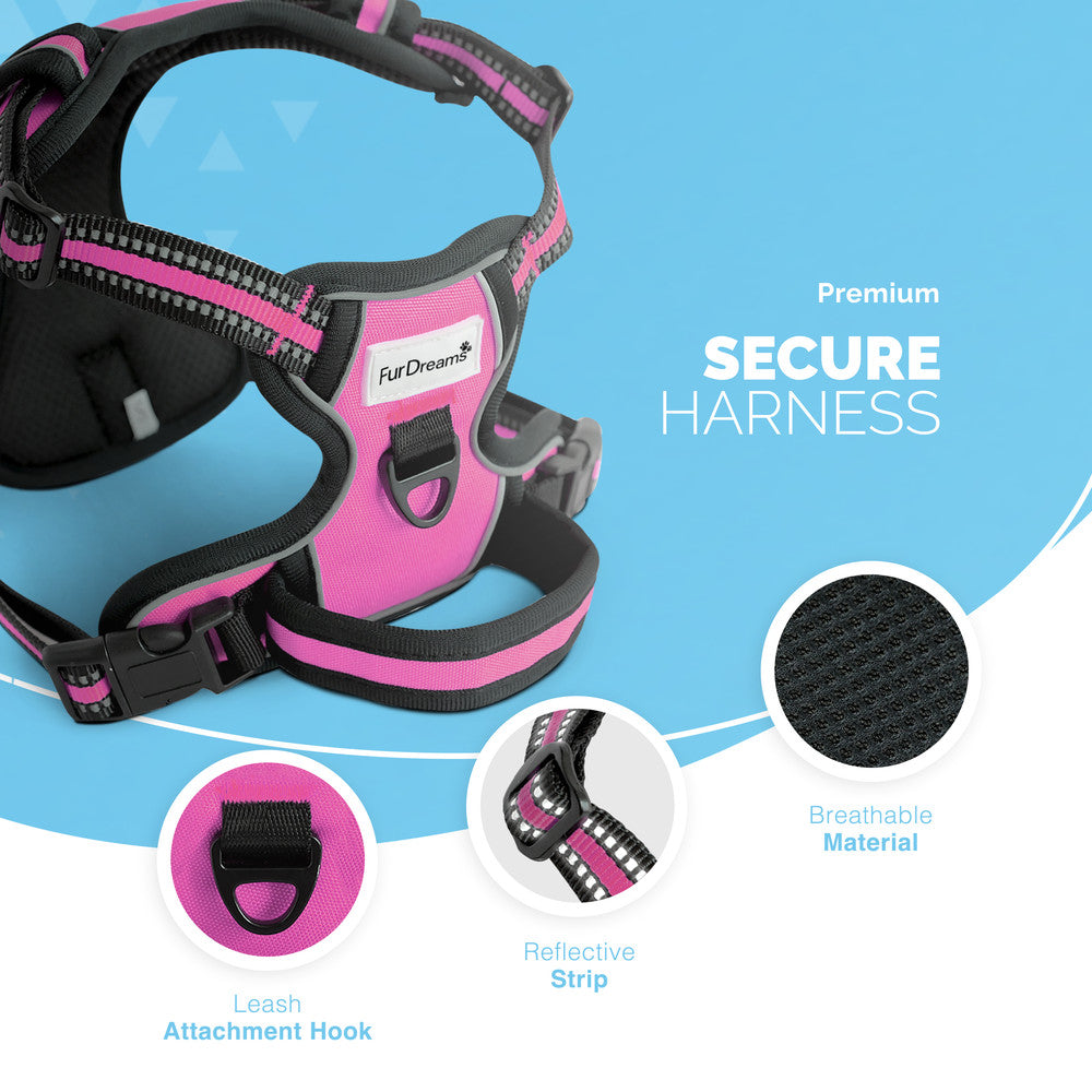 FurDreams Secure Padded Dog Harness – Comfortable No-Choke Vest with Reflective Strips, Non-Restrictive Fit, 4 Adjustable Straps, and Easy Clip-On Design