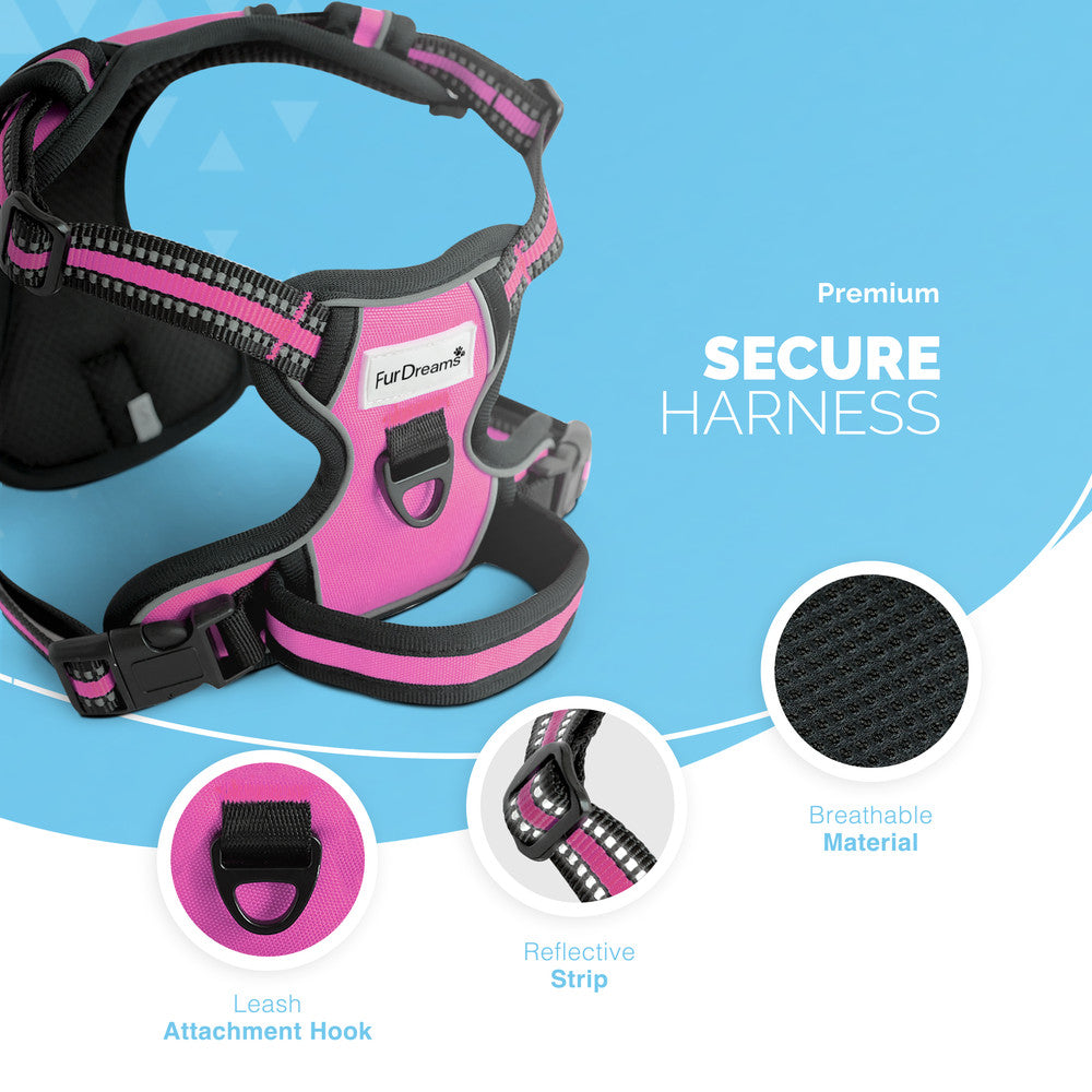 FurDreams Secure Padded Dog Harness – Comfortable No-Choke Vest with Reflective Strips, Non-Restrictive Fit, 4 Adjustable Straps, and Easy Clip-On Design