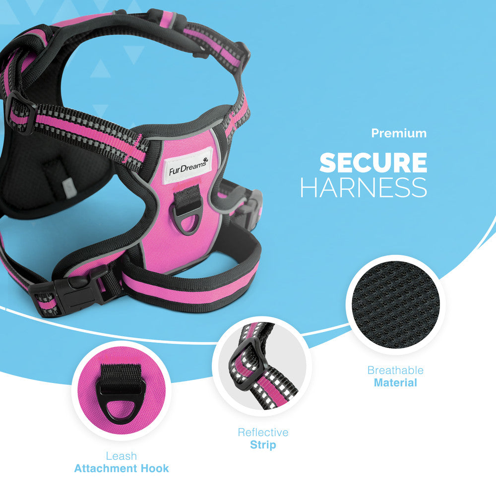 FurDreams Secure Padded Dog Harness – Comfortable No-Choke Vest with Reflective Strips, Non-Restrictive Fit, 4 Adjustable Straps, and Easy Clip-On Design