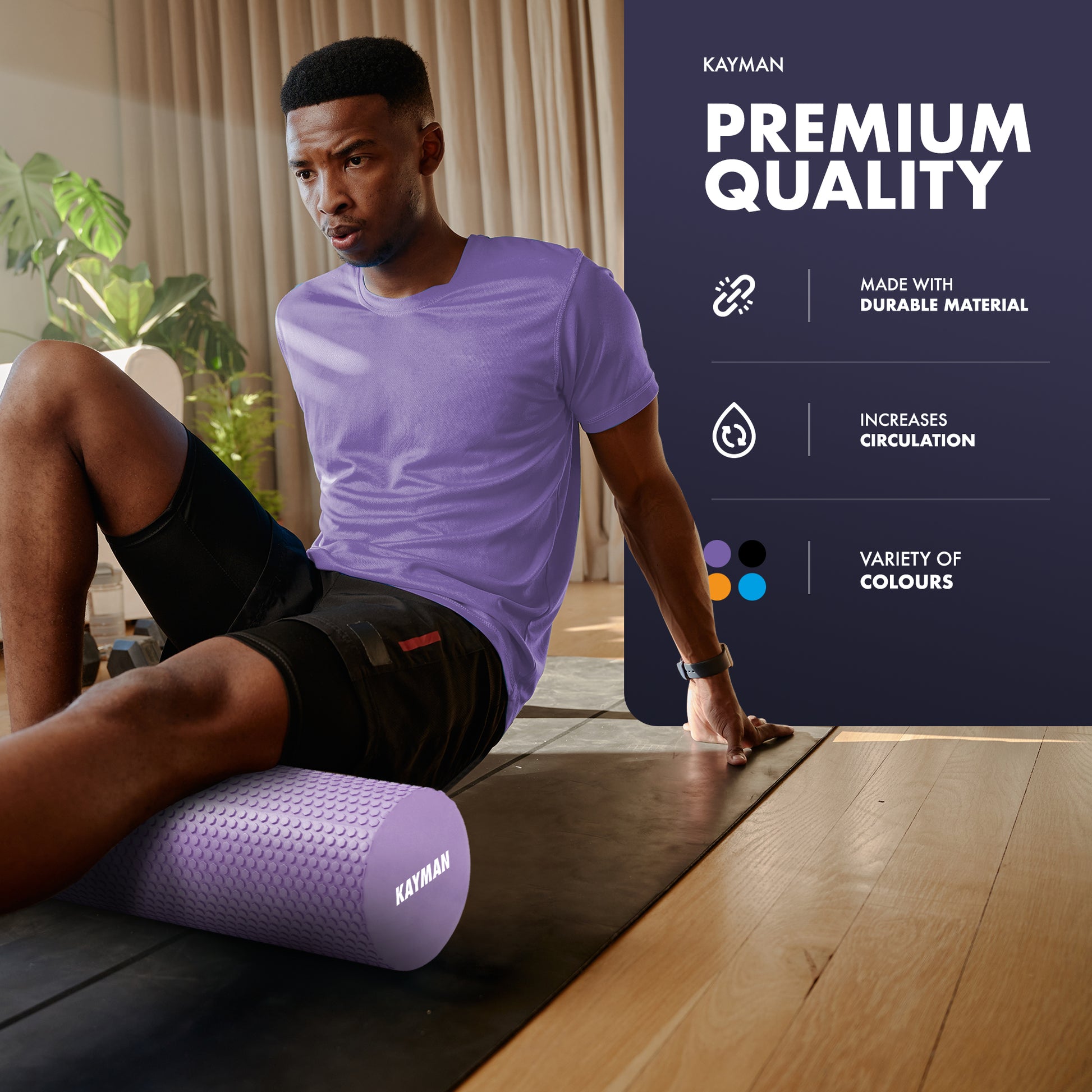 KAYMAN Sports Foam Roller – Deep Tissue Muscle Tension Relief & Circulation Boost | Portable & Lightweight Self Massager for Back, Legs, Gym, Pilates & Yoga | EVA Foam