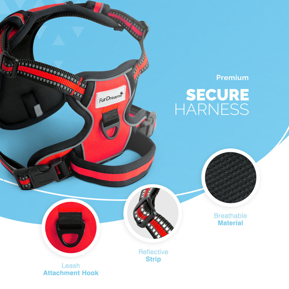 FurDreams Secure Padded Dog Harness – Comfortable No-Choke Vest with Reflective Strips, Non-Restrictive Fit, 4 Adjustable Straps, and Easy Clip-On Design