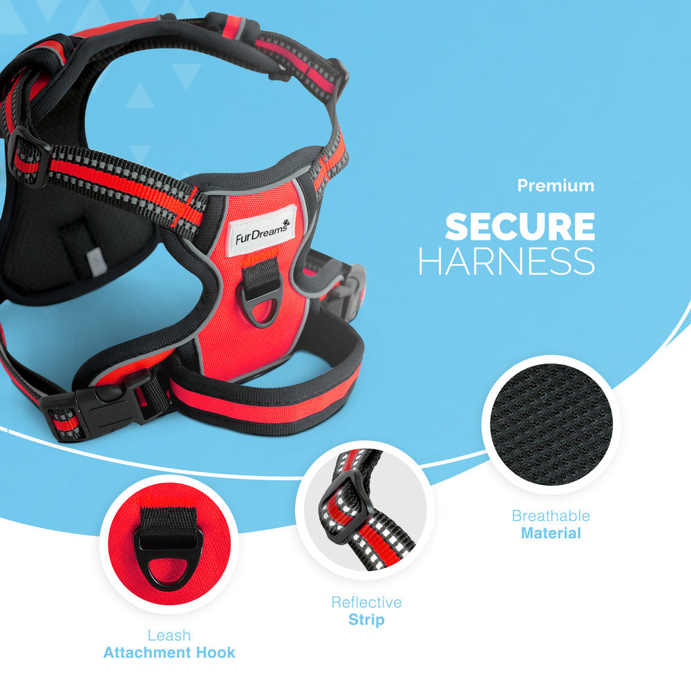 FurDreams Secure Padded Dog Harness – Comfortable No-Choke Vest with Reflective Strips, Non-Restrictive Fit, 4 Adjustable Straps, and Easy Clip-On Design