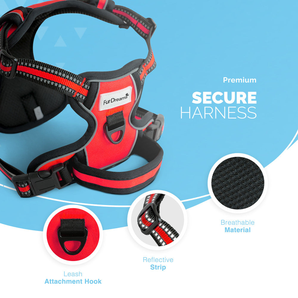 FurDreams Secure Padded Dog Harness – Comfortable No-Choke Vest with Reflective Strips, Non-Restrictive Fit, 4 Adjustable Straps, and Easy Clip-On Design