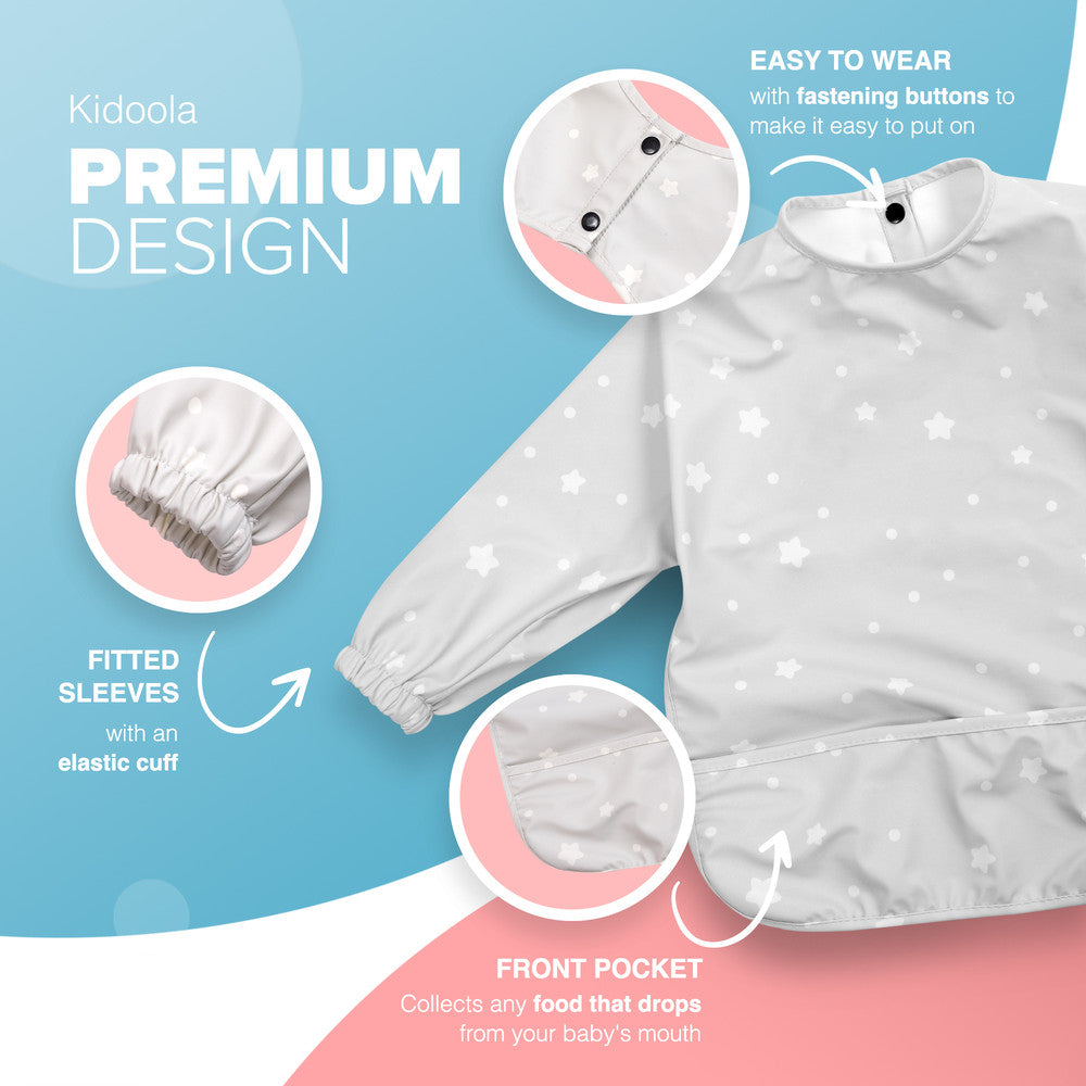 KIDOOLA Baby Led Weaning Bib with Sleeves – Mess-Free, Waterproof & Soft Apron for 6-12 Months – Full Coverall Coverage for Toddlers