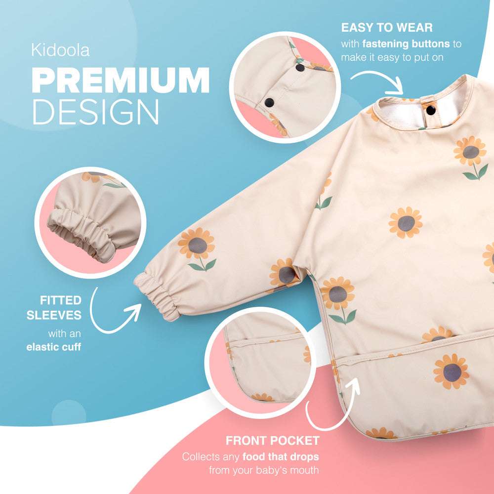 KIDOOLA Baby Led Weaning Bib with Sleeves – Mess-Free, Waterproof & Soft Apron for 6-12 Months – Full Coverall Coverage for Toddlers