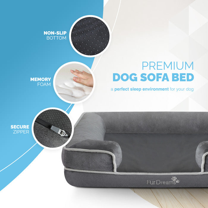 FurDreams Luxury Pet Sofa Bed – Extra Padded Orthopedic Memory Foam Mattress with Non-Slip Base, Removable Washable Flannel Cover – Plush Grey Design (70x57x17cm)
