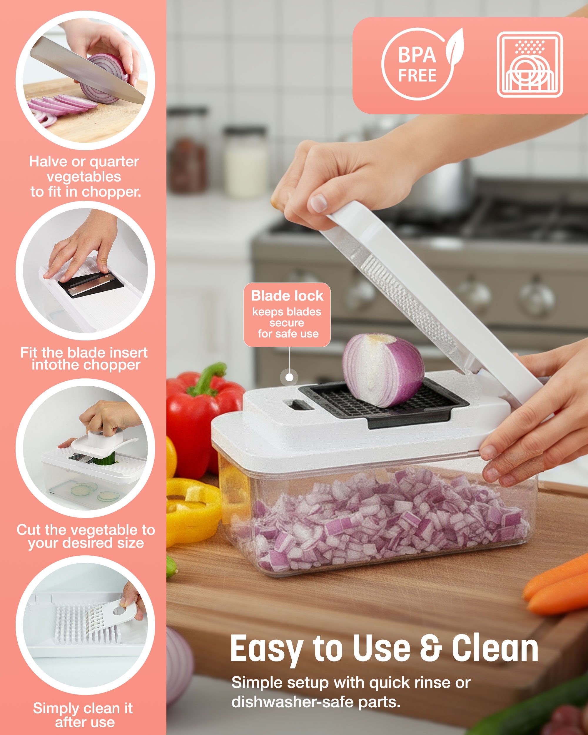 Keplin - 7-in-1 Vegetable Chopper with Container - Multi-Functional Slicer, Dicer & Grater - BPA Free, Dishwasher Safe, Non-Slip Base, Food-Grade ABS & Stainless Steel Blades