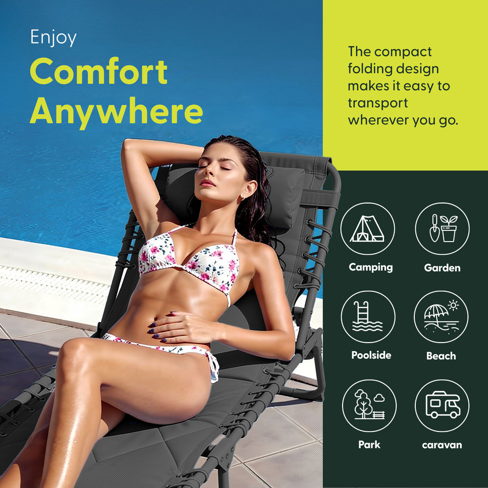 Quilted Padding Detail on Dark Grey Garden Lounger – Durable 600D Oxford Sun Lounger