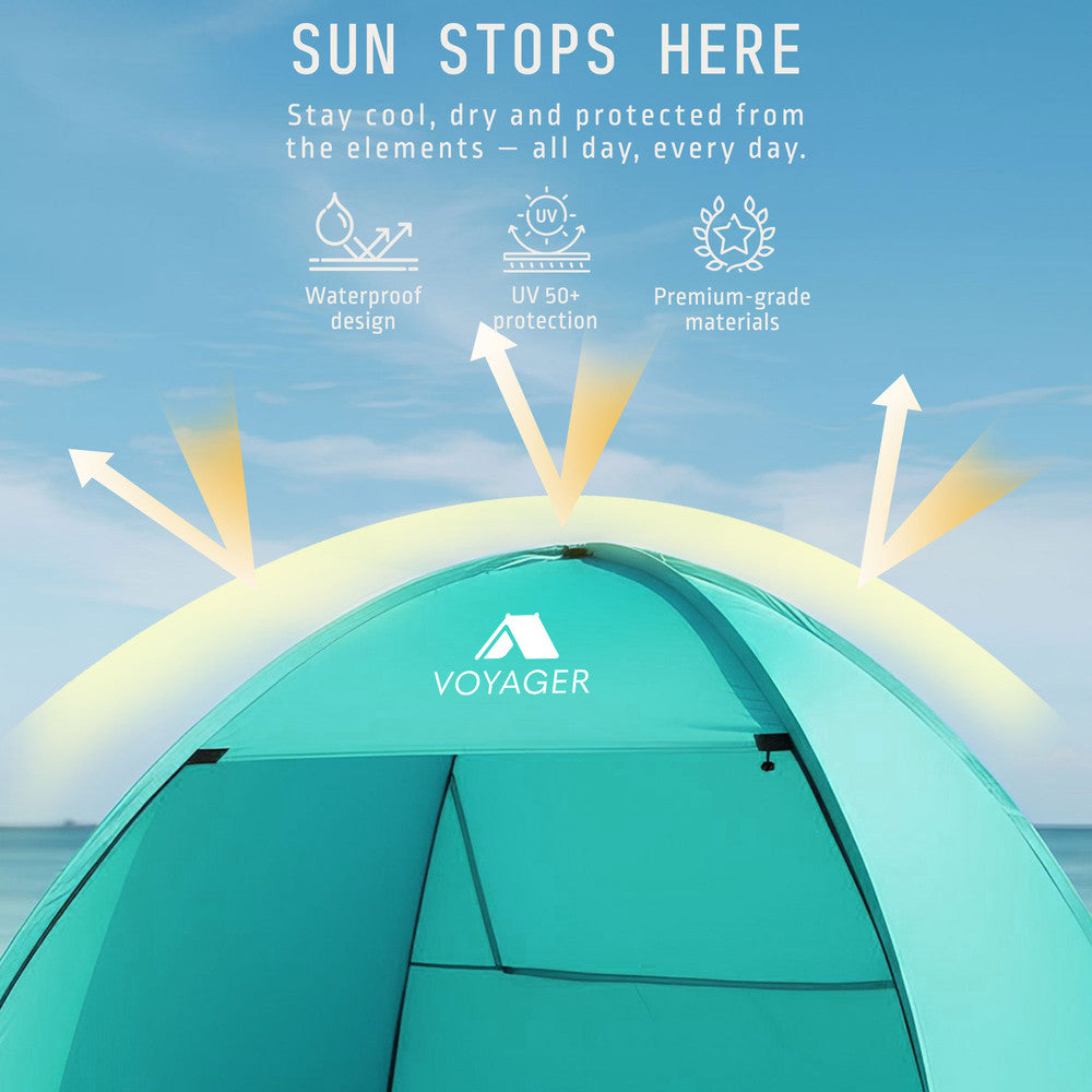 Pop-up beach tent teal with reinforced steel frame and sand pockets – wind-resistant outdoor shelter