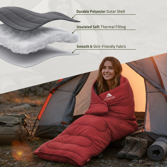 Red lightweight camping sleeping bag feature shot – water-resistant polyester adults bag UK