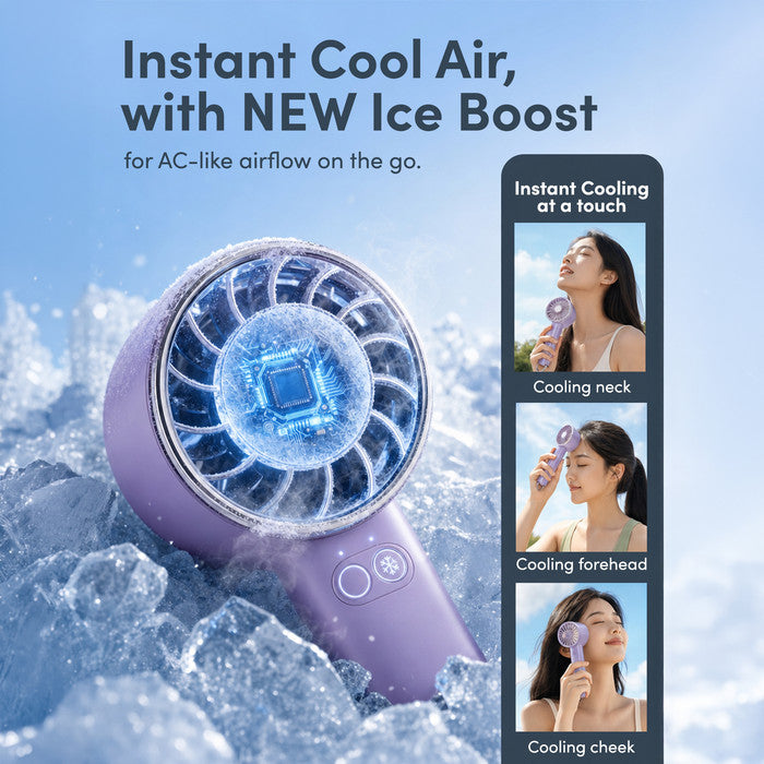 Lavender handheld mini fan with Ice Boost – instant cooling for neck forehead and cheek