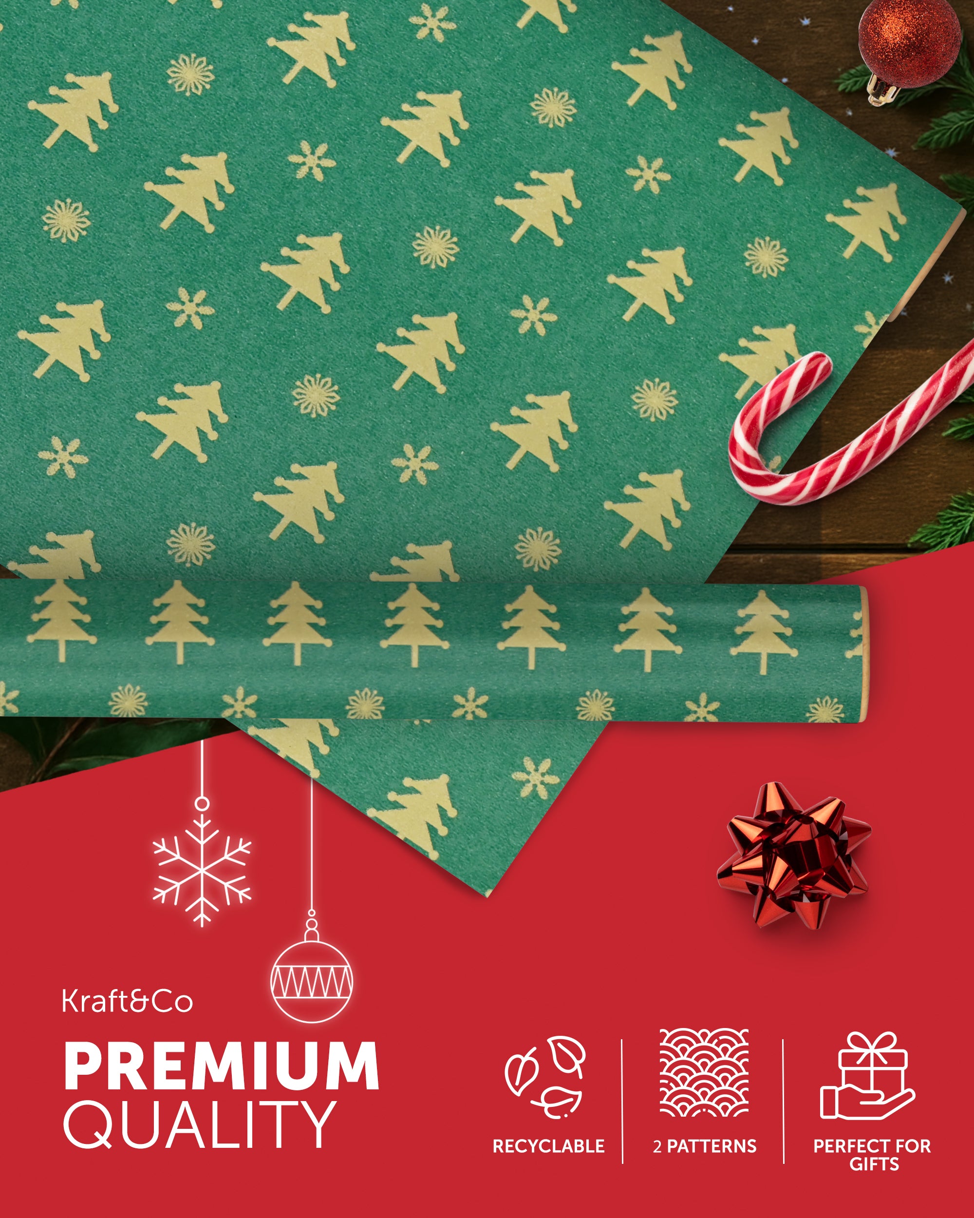 Kraft & Co 2 Pack Christmas Wrapping Paper Roll - Festive Designed Recyclable Kraft Paper, Perfect for Holiday Gifts, Arts & Crafts-Wrapping for a Merry Christmas (44.5cm x 25m)