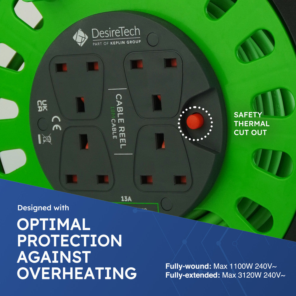 Desiretech Heavy-Duty Portable Cable Reel Extension Lead – 4 Shuttered Sockets, Thermal Cut-Out, Ergonomic Handle, Green/Black – Robust Extension Cord for Indoor Use – image 20