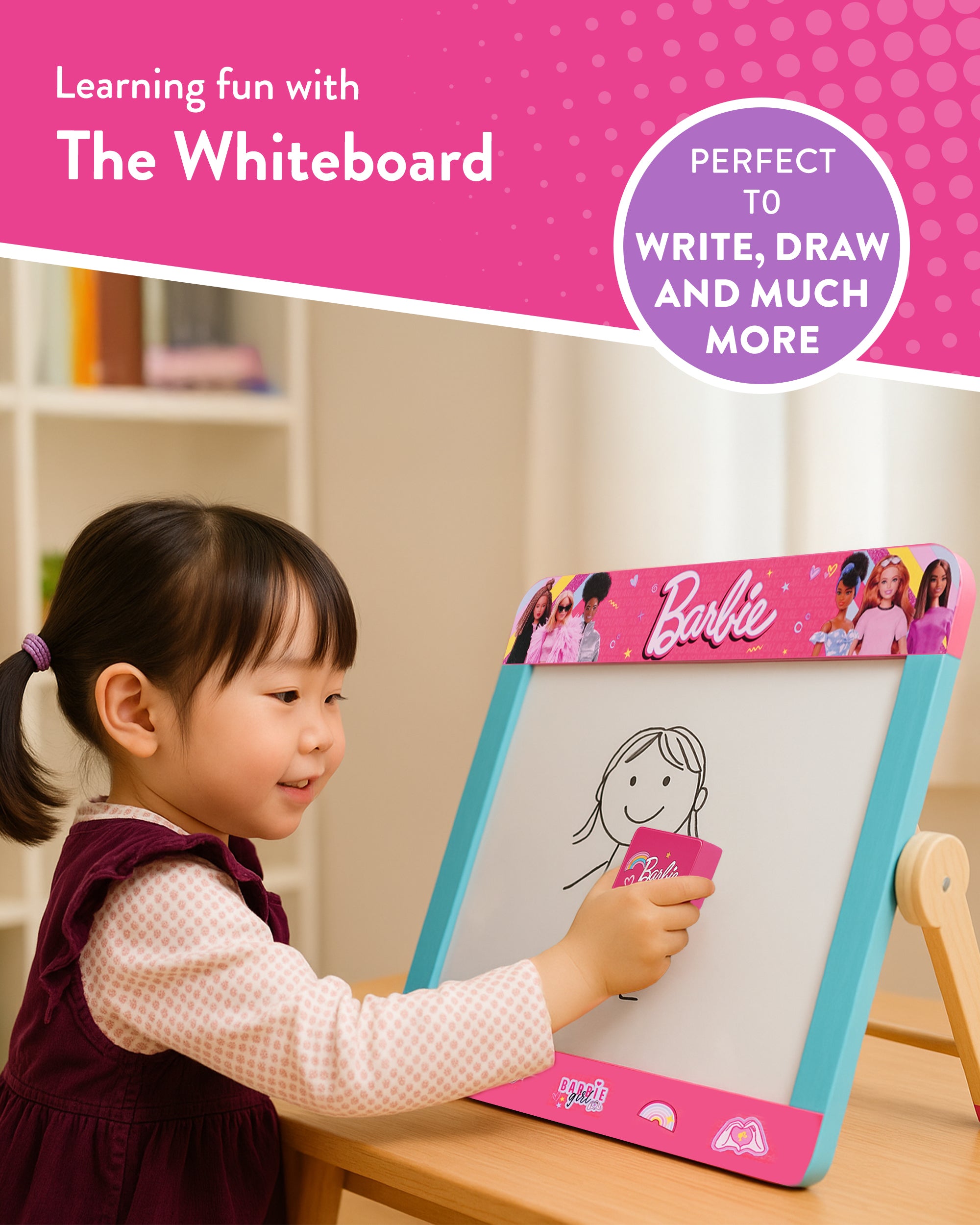 Barbie Tabletop Easel – Double Sided Blackboard & Whiteboard with Pen, Eraser & Chalk – Kids Drawing Art Board – Wooden Easel for Creative Play