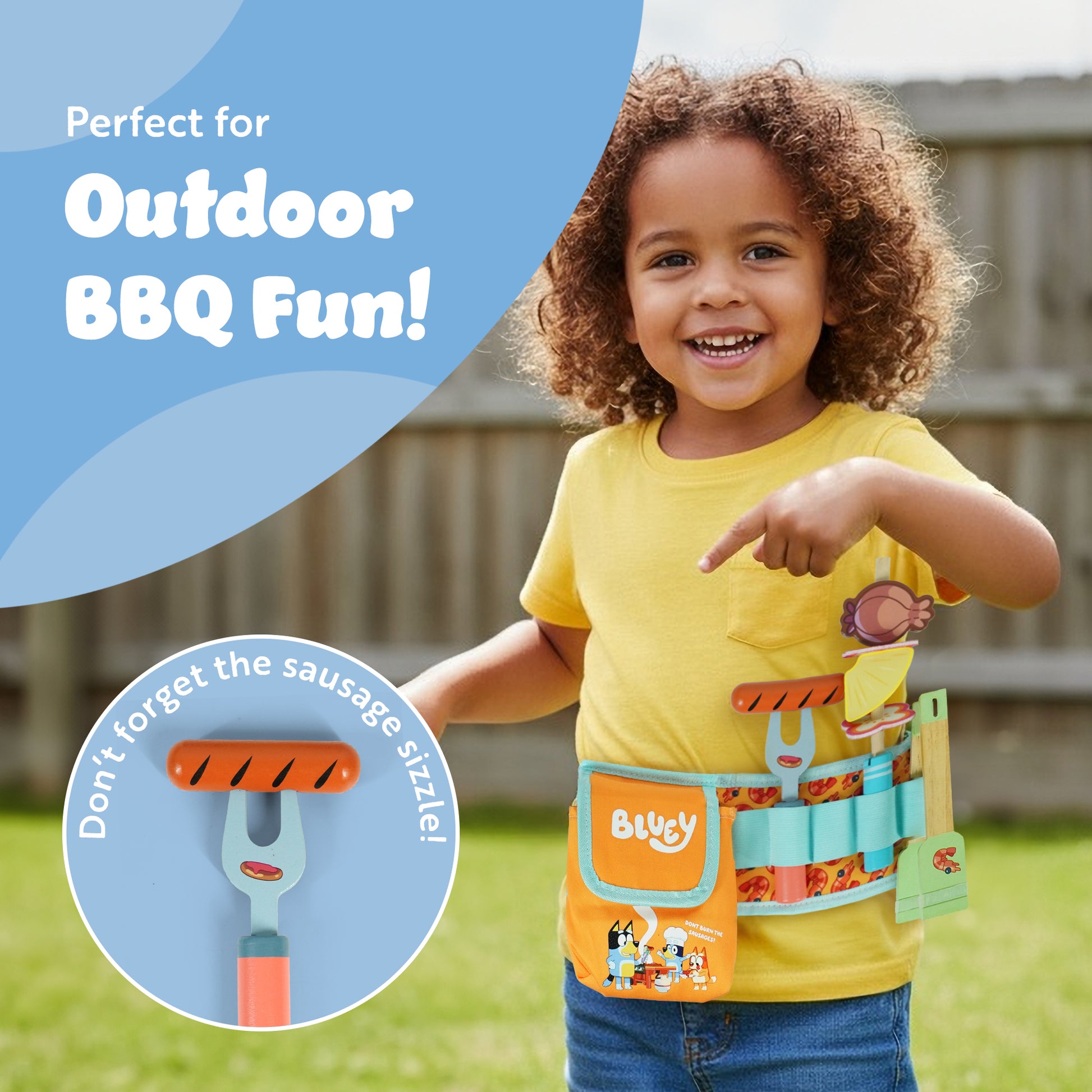Bluey BBQ belt with skewers, ketchup and play food pieces – creative roleplay cooking toy kids ages 3+