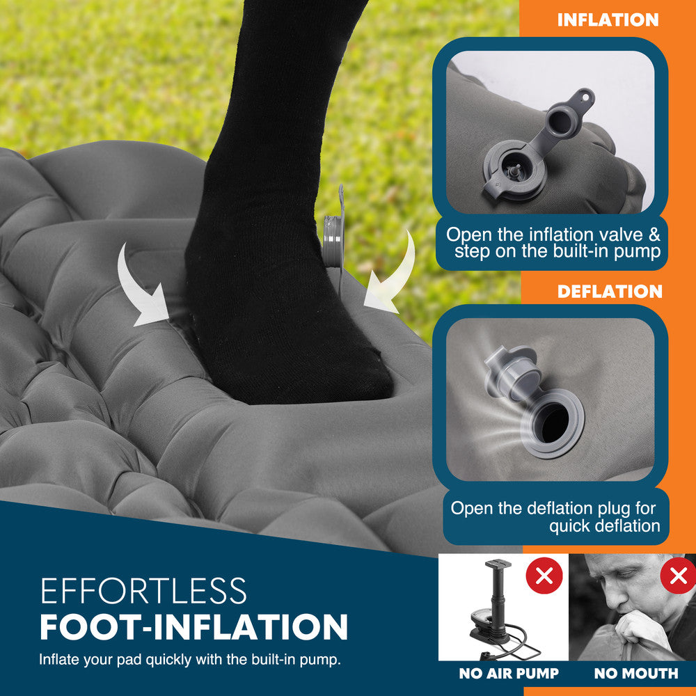 Inflation valve on grey double camping mat – simple quick-inflate system for easy outdoor setup