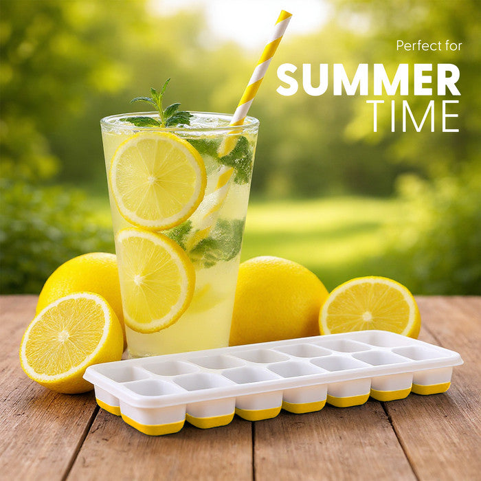 Keplin yellow silicone ice cube tray next to fresh lemonade with lemon slices, perfect for summer drinks and cocktails
