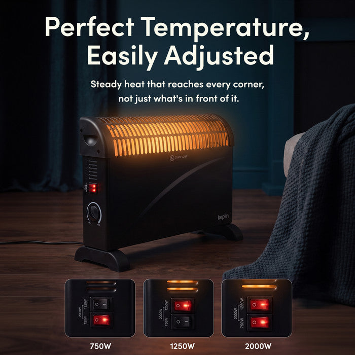 Black convector heater showing 750W, 1250W and 2000W heat setting switches
