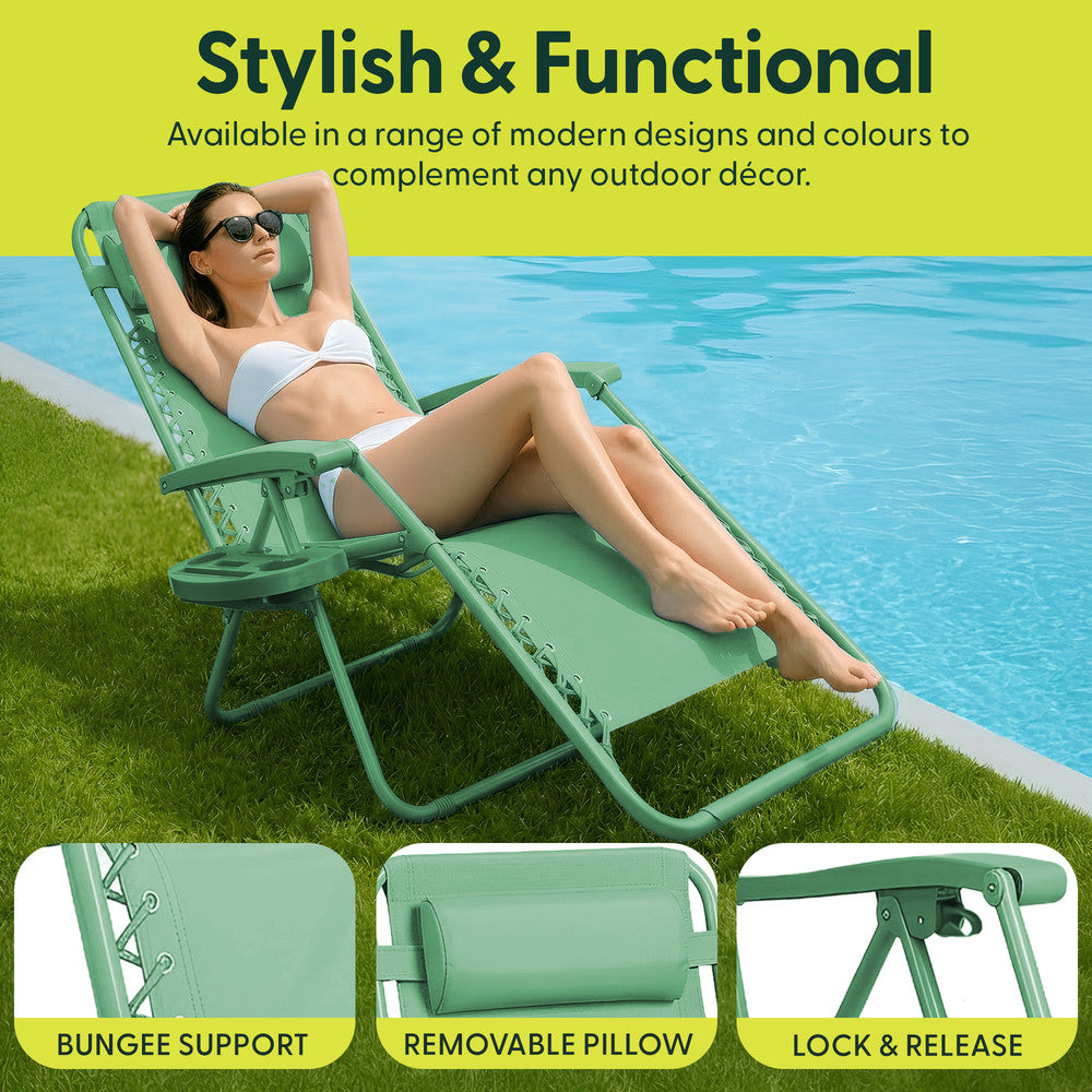 KEPLIN Set of 2 Heavy Duty Monocolour and Basic Textoline Zero Gravity Chairs for Garden Light Reclining Patio Sun loungers Easy to Clean Adjustable Head Rest Foldable with Cup & Phone Holder