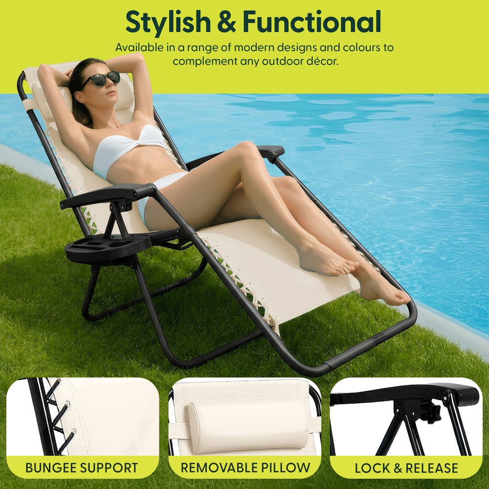 KEPLIN Set of 2 Heavy Duty Monocolour and Basic Textoline Zero Gravity Chairs for Garden Light Reclining Patio Sun loungers Easy to Clean Adjustable Head Rest Foldable with Cup & Phone Holder