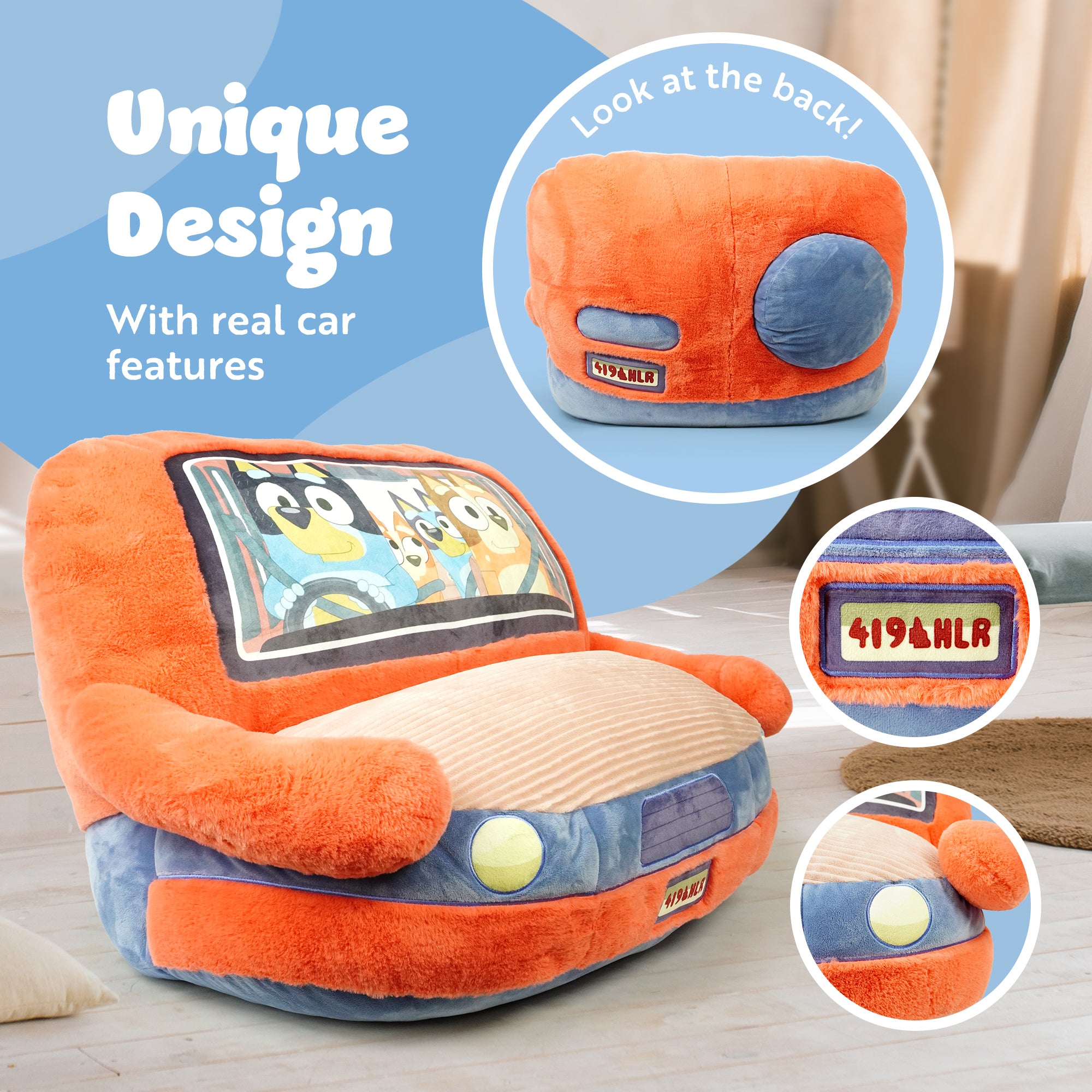 Bluey Car Sofa – Kids Plush Armchair Seat Family Car Design – Soft & Comfy Toddler Lounge Chair for Bedroom or Playroom – Lightweight & Portable Children’s Furniture