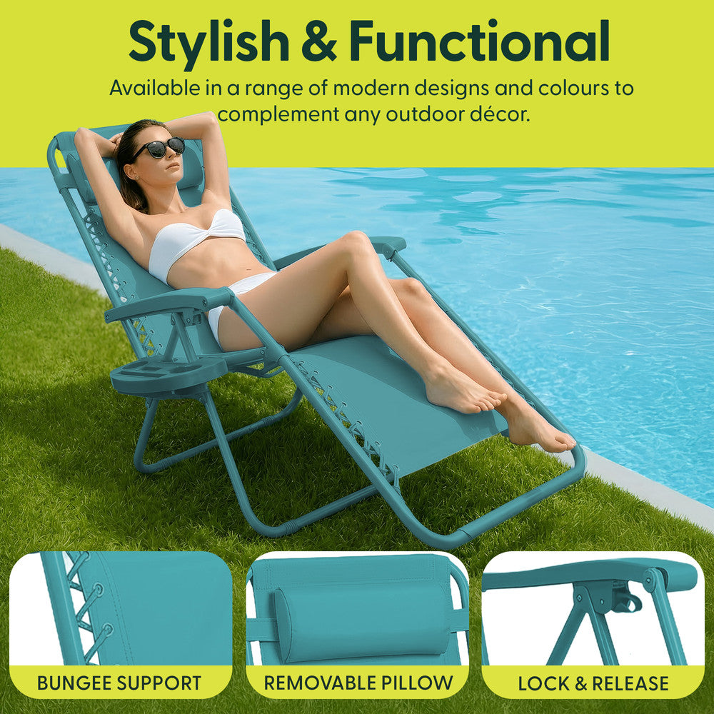 KEPLIN Set of 2 Heavy Duty Monocolour and Basic Textoline Zero Gravity Chairs for Garden Light Reclining Patio Sun loungers Easy to Clean Adjustable Head Rest Foldable with Cup & Phone Holder