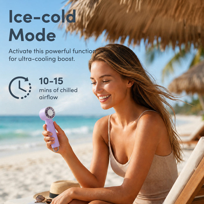 Woman using lavender handheld fan at beach – ice-cold mode, 10–15 mins chilled airflow