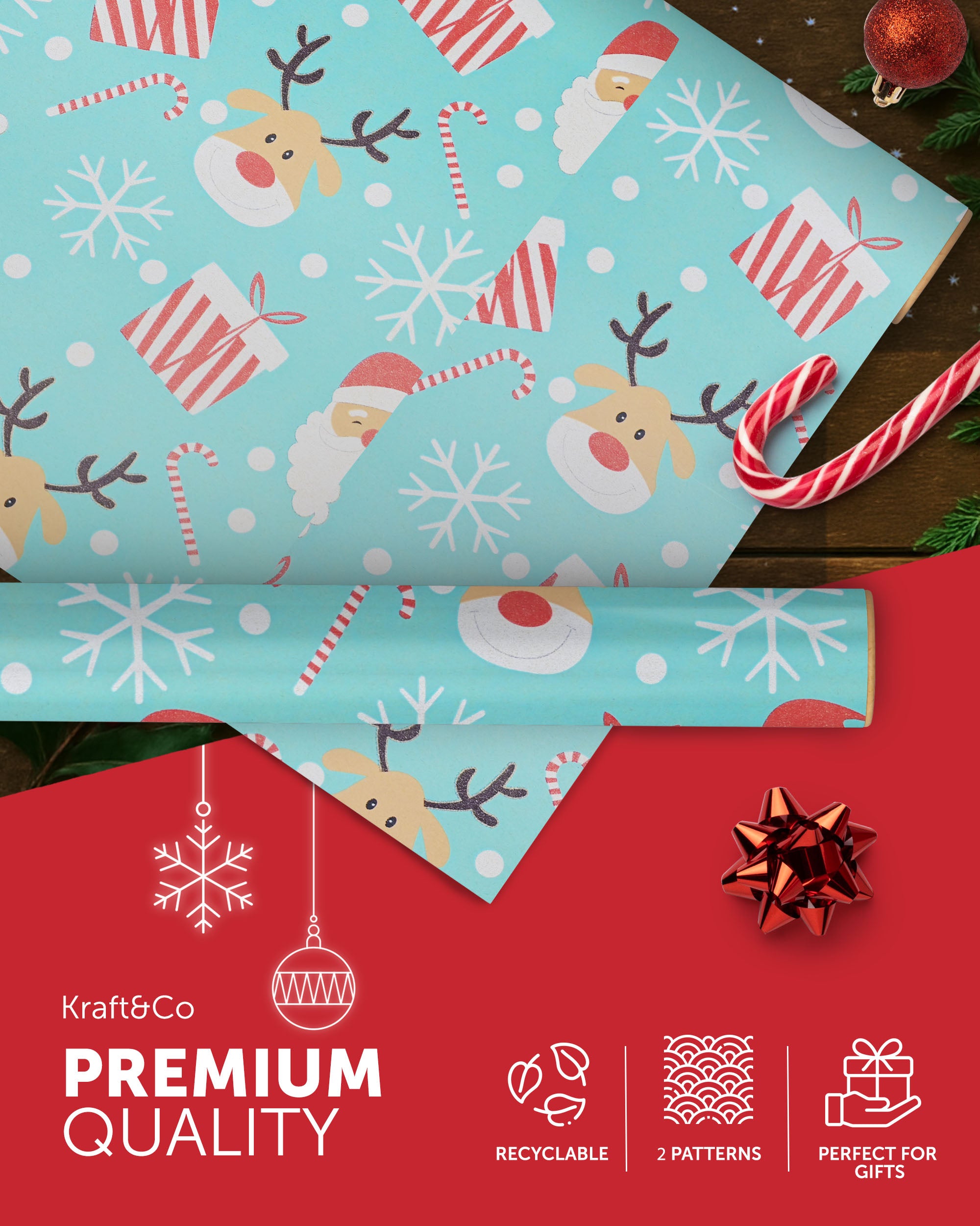 Kraft & Co 2 Pack Christmas Wrapping Paper Roll - Festive Designed Recyclable Kraft Paper, Perfect for Holiday Gifts, Arts & Crafts-Wrapping for a Merry Christmas (44.5cm x 25m)