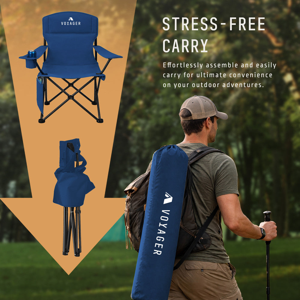 Navy camping chairs with built-in cup holder and side pocket – 120kg capacity per chair for camping and festivals UK