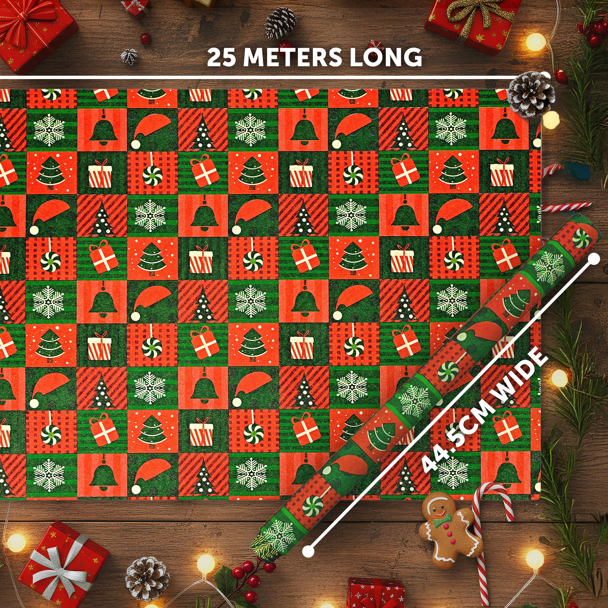 Kraft & Co 2 Pack Christmas Wrapping Paper Roll - Festive Designed Recyclable Kraft Paper, Perfect for Holiday Gifts, Arts & Crafts-Wrapping for a Merry Christmas (44.5cm x 25m)