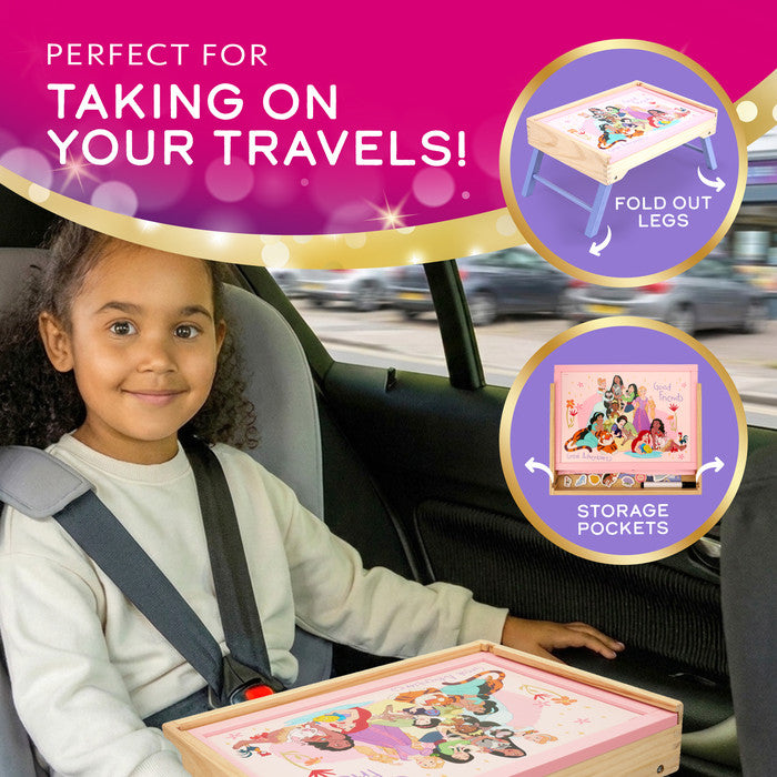 Disney Princess creation station folded flat for travel, with fold-out legs and storage pockets 