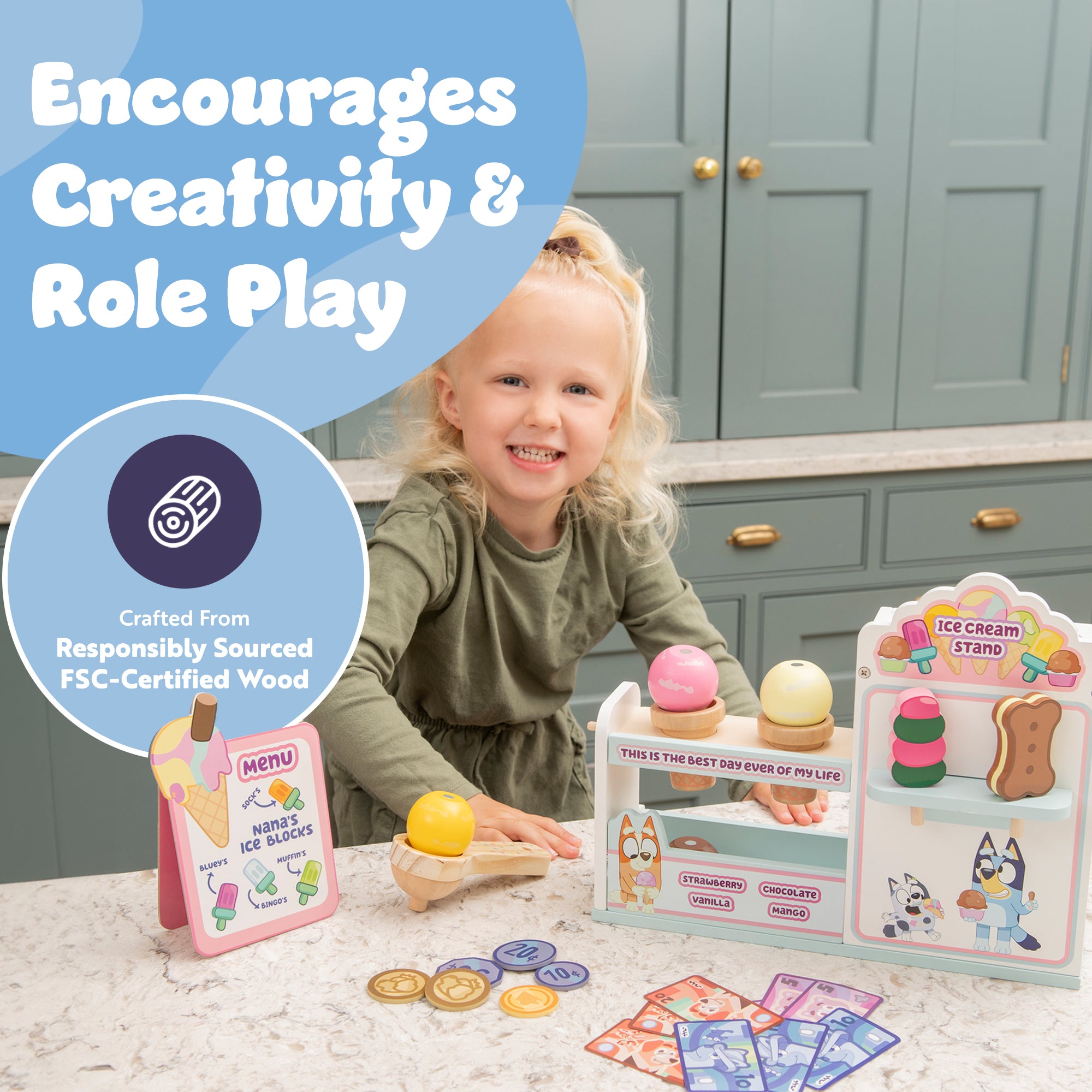 Bluey Ice Cream Playset – Kids' Toy Ice Cream Shop with Cones, Tubs, Lollies, Sprinkles & Payment Accessories – Fun Pretend Play Set for Toddlers & Children Toys for Boys & Girls