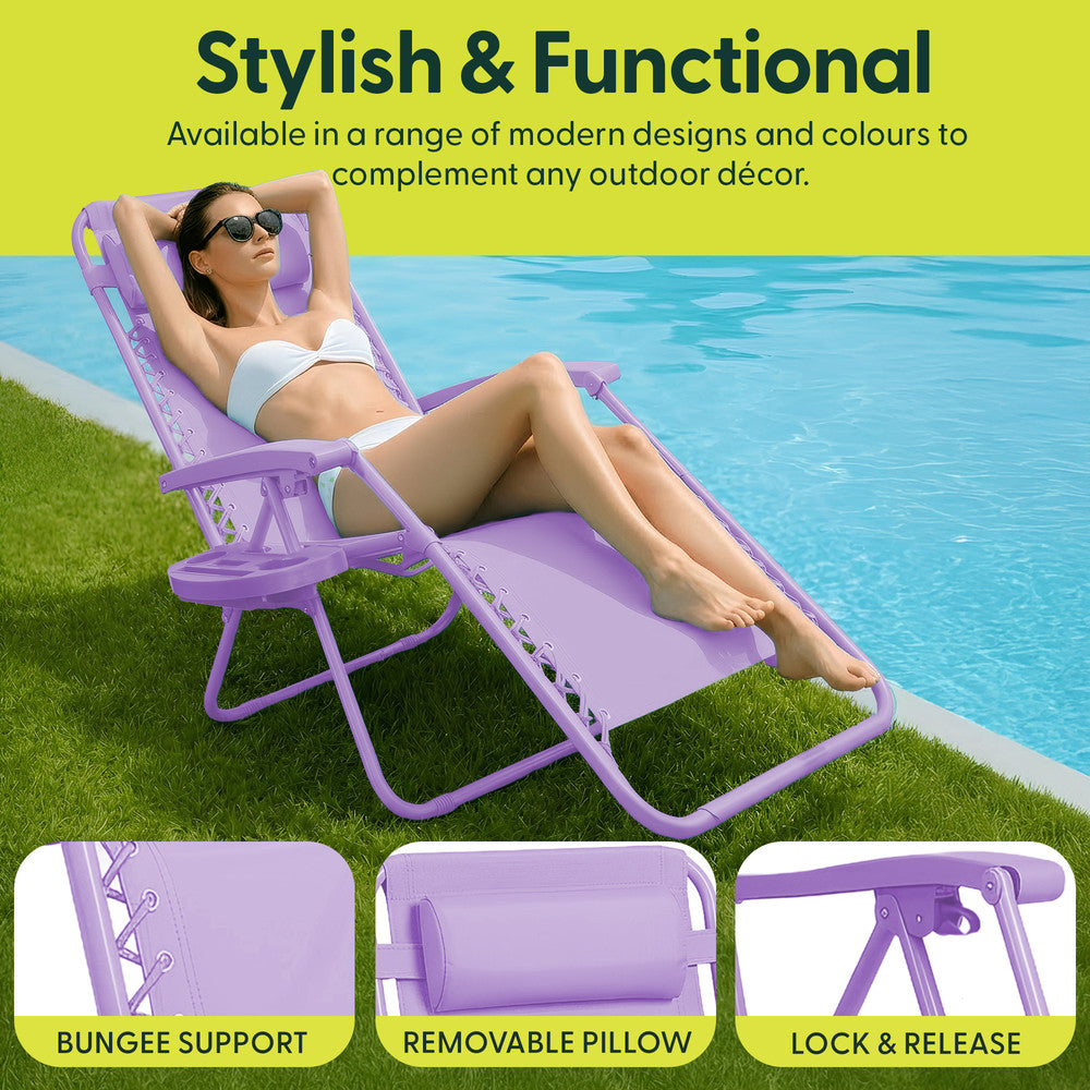 KEPLIN Set of 2 Heavy Duty Monocolour and Basic Textoline Zero Gravity Chairs for Garden Light Reclining Patio Sun loungers Easy to Clean Adjustable Head Rest Foldable with Cup & Phone Holder