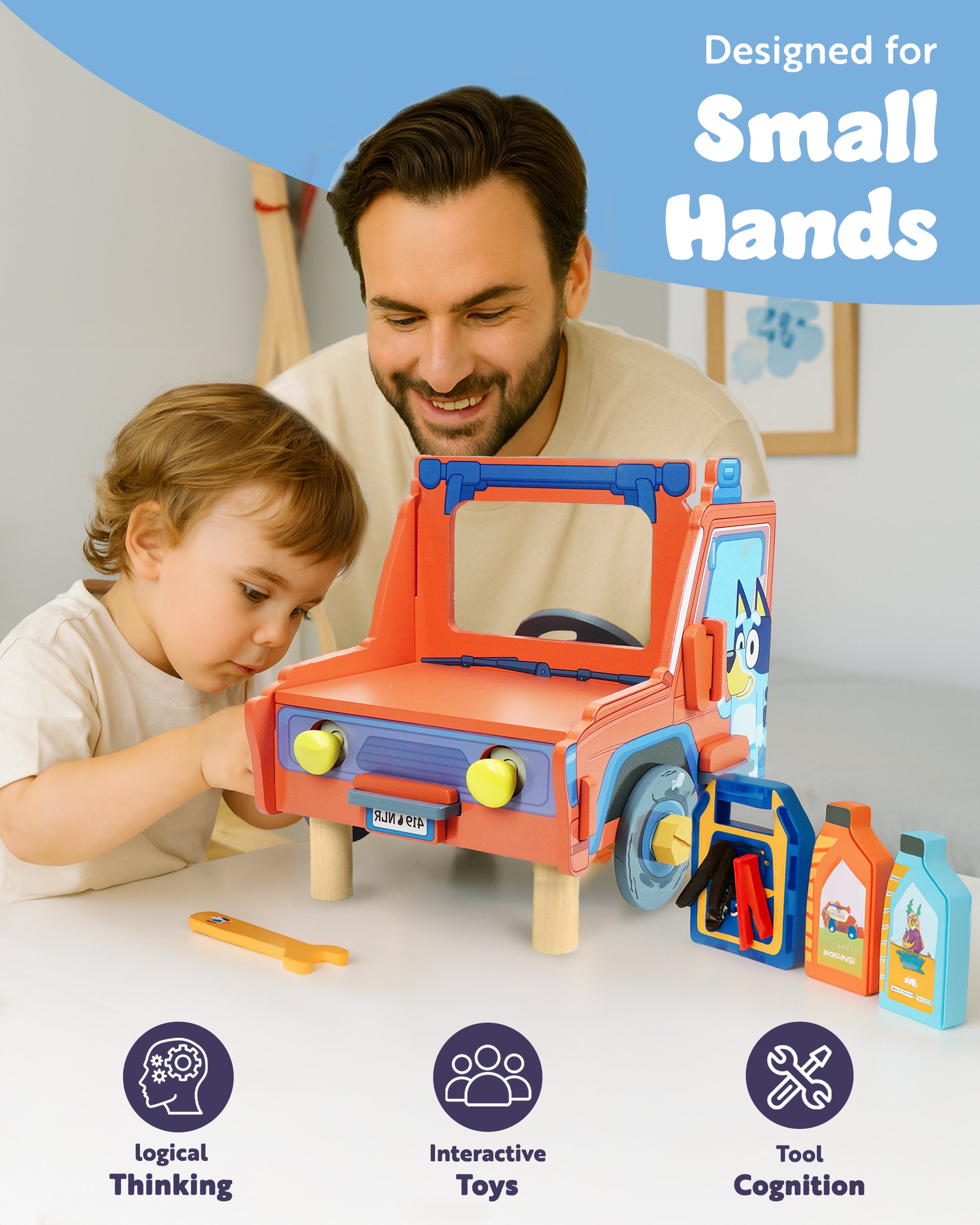 Bluey Wooden Tabletop Mechanic Set – 22 Piece Pretend Play Repair Tool Kit with Car Engine, Tools & Accessories – Compact & Portable Wooden Toy for Kids Ages 3+