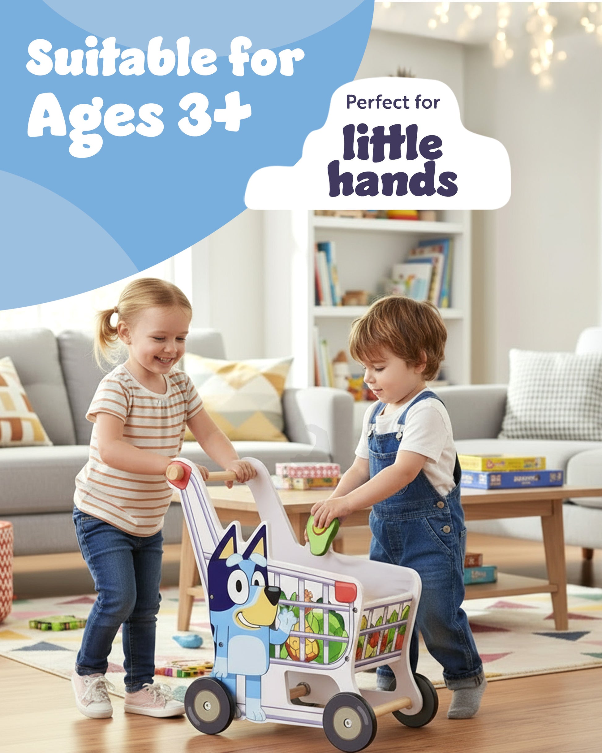 Bluey shopping cart with free-rolling wheels – toddler role play toy UK