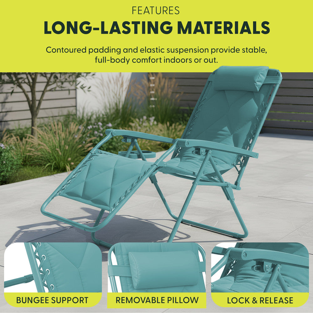 KEPLIN Set of 2 XXL Premium Heavy Duty Quilted Zero Gravity Chairs - Luxurious Garden Recliners, Adjustable Headrest, Cup & Phone Holder, Foldable, Easy to Clean Patio Sun Loungers