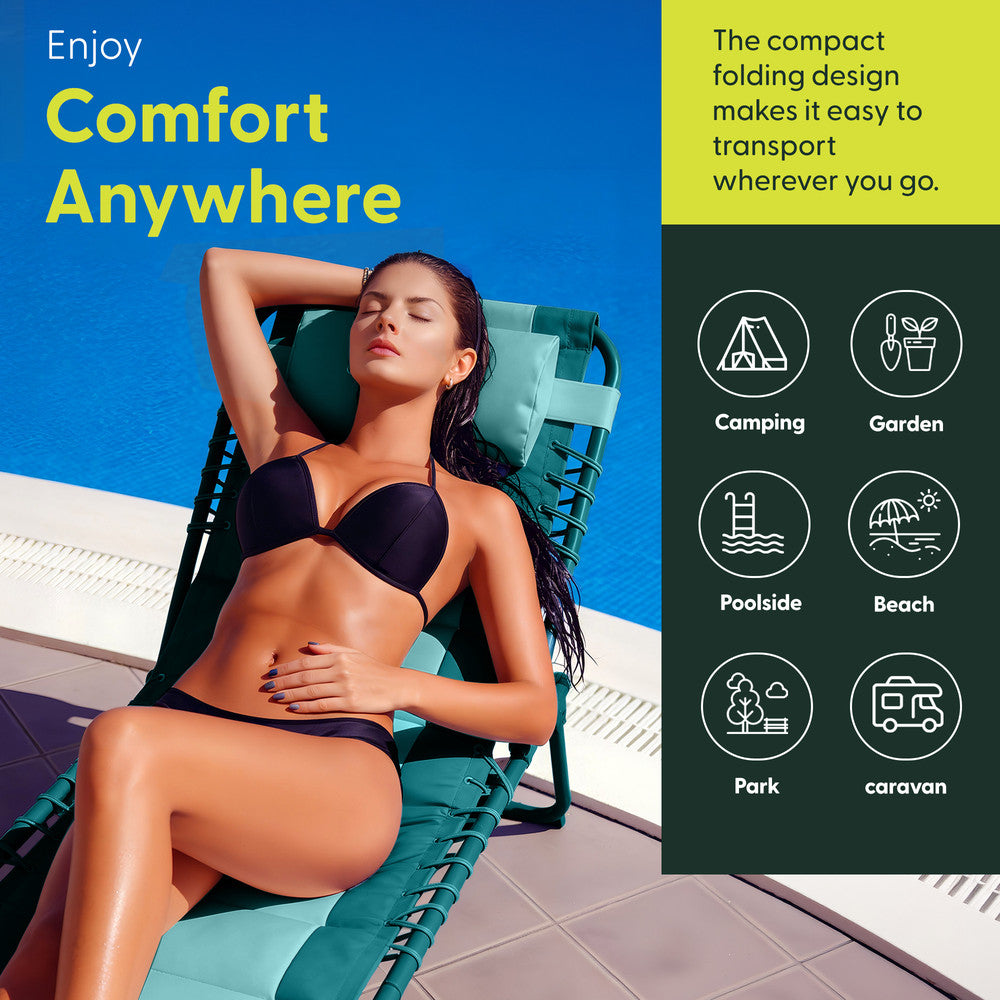 Padded Seat Detail on Teal Folding Sun Lounger – Durable 600D Oxford Garden Recliner by Keplin