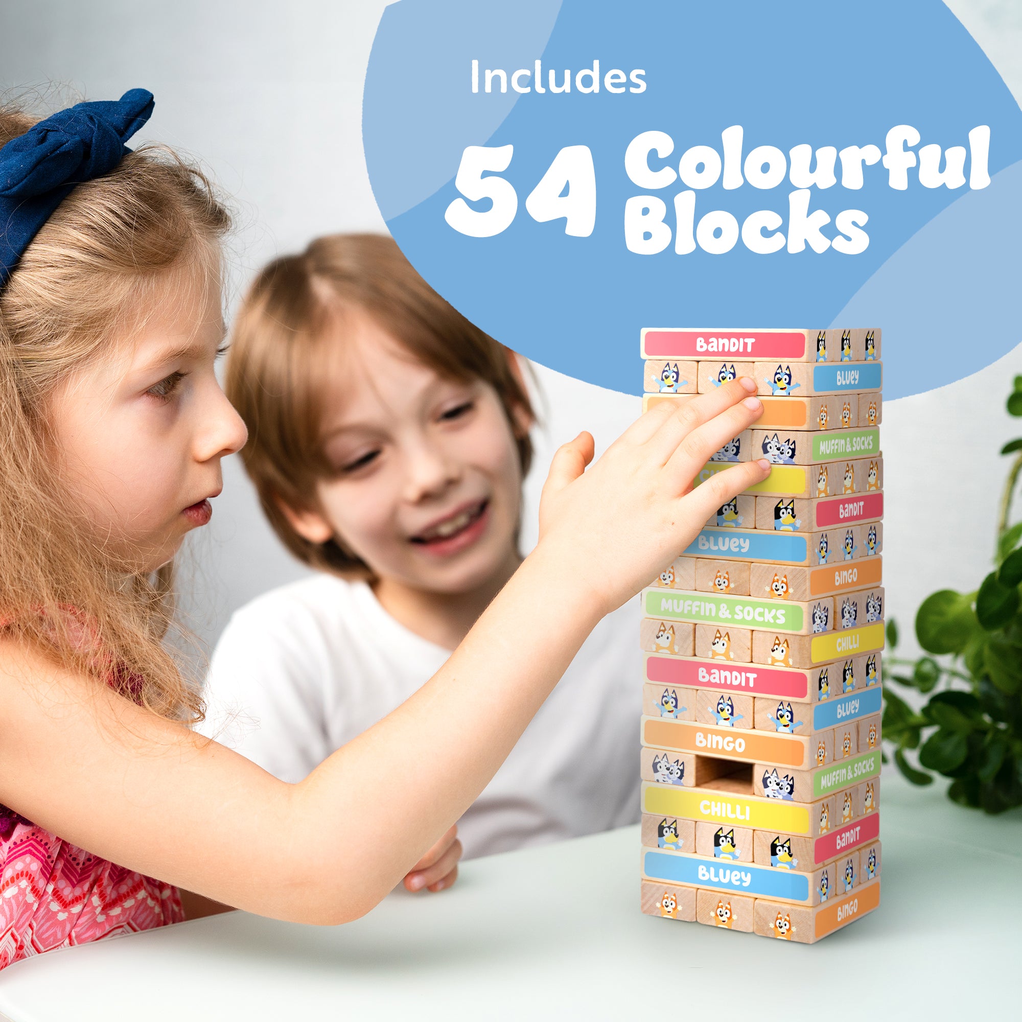 Bluey Tumbling Tower Game - 54 Colourful FSC-Certified Wooden Blocks, Hand-Eye Coordination & Motor Skills Family Game, Eco-Friendly Fun for Kids Aged 3+, Durable & Non-Toxic