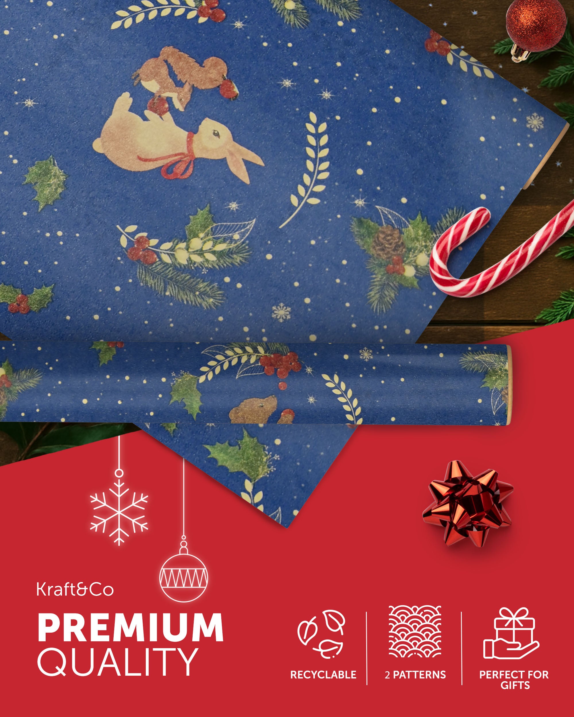 Kraft & Co 2 Pack Christmas Wrapping Paper Roll - Festive Designed Recyclable Kraft Paper, Perfect for Holiday Gifts, Arts & Crafts-Wrapping for a Merry Christmas (44.5cm x 25m)