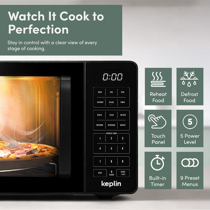 Black microwave oven features – reheat, defrost, touch panel, 5 power levels, built-in timer, 8 preset menus