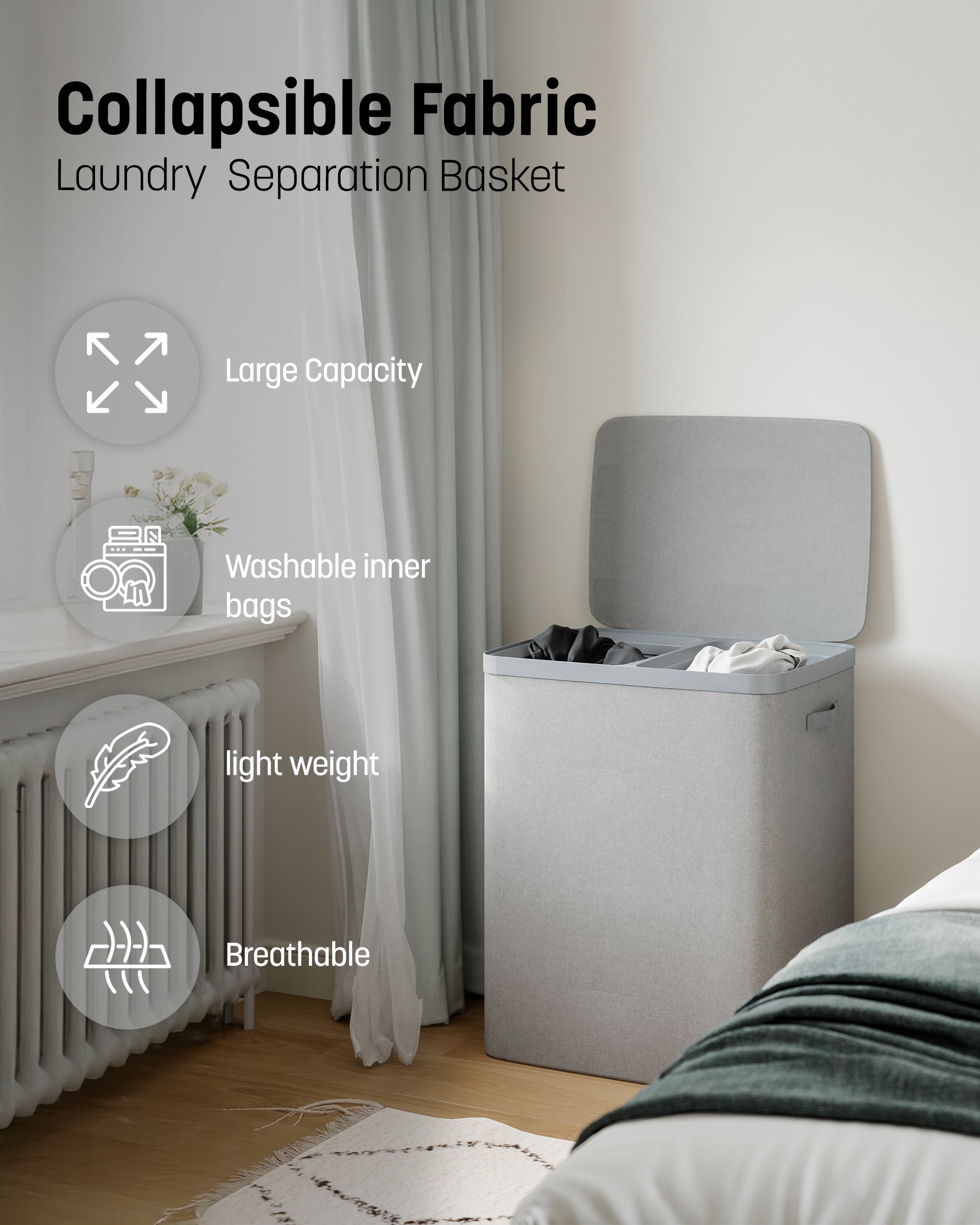 Keplin Collapsible Laundry Basket with Lid – 2 Section Clothes Sorter Hamper 150L – Large Fabric Washing Bin with Removable Liner, Handles & Bottom Strap – Foldable Grey Laundry Organizer 56x40x67cm