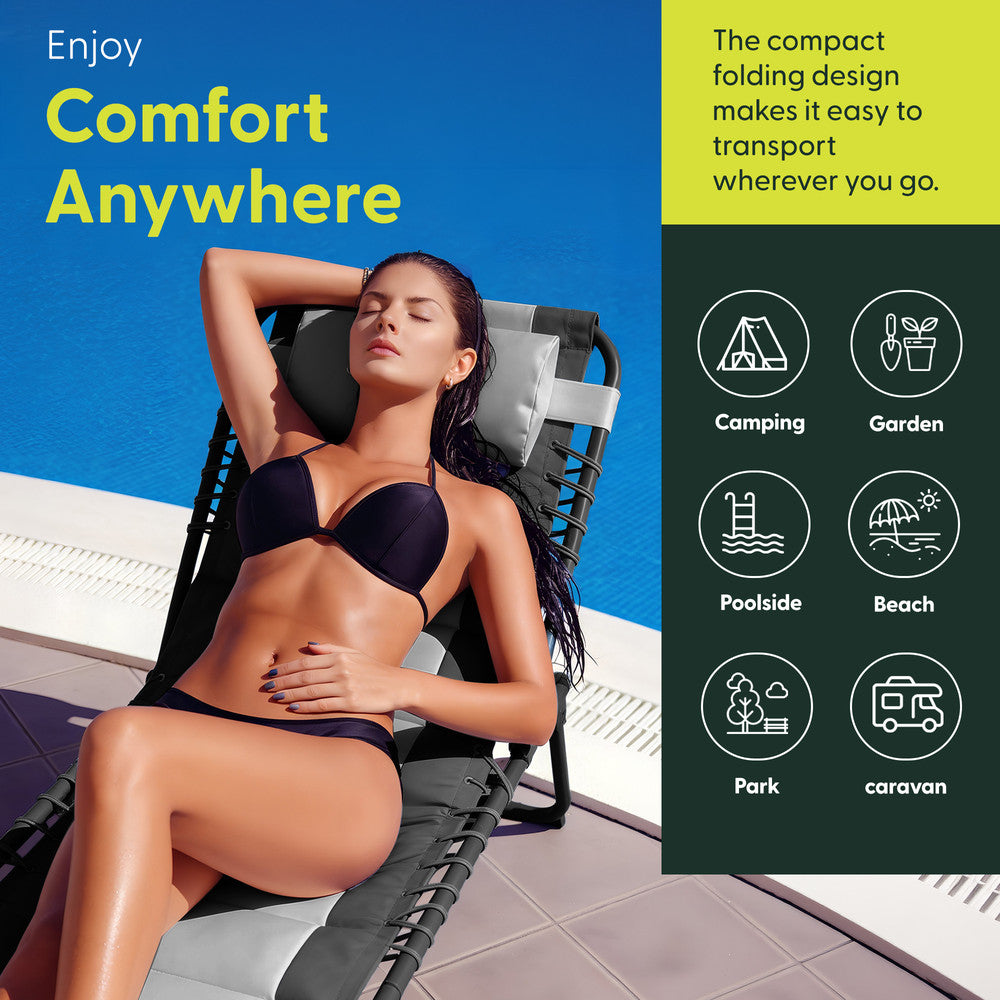 Padded Seat Detail on Grey Folding Sun Lounger – Durable 600D Oxford Garden Recliner by Keplin